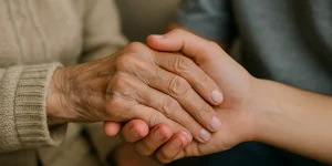 Mano de persona joven asistiendo a una anciana, la cuidadora domiciliara esta ayudando a que se levante.