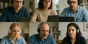 Personas adultas participando en una videollamada grupal desde sus casas como parte de una capacitación para empresas. Cada una trabaja desde su escritorio con notebook y auriculares, en un entorno profesional y realista, representando el aprendizaje colaborativo a distancia.