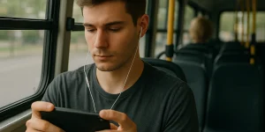 Hombre viajando en colectivo al trabajo realizando cursos cortos.